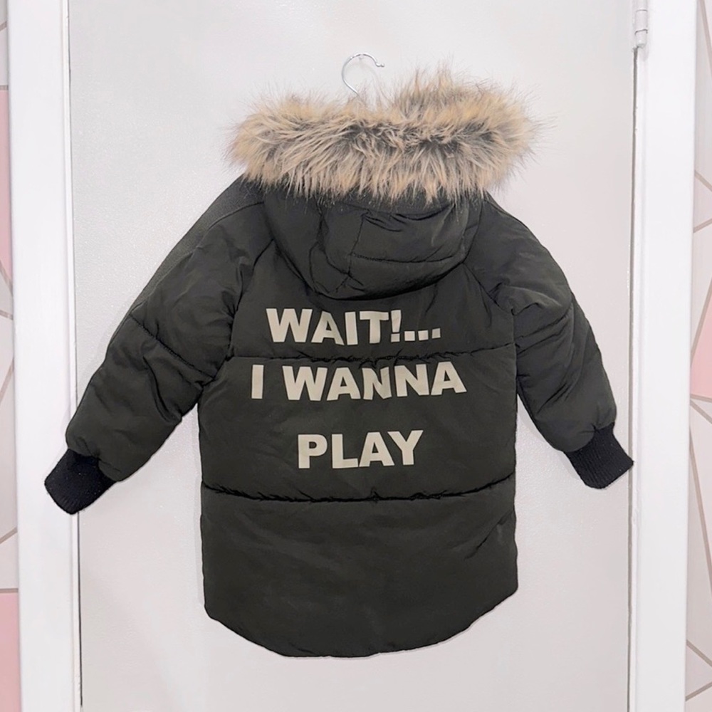 Zara Baby RARE Olive “Wait I Wanna Play” Puffer Winter Jacket Coat 18/24M 2T BOY